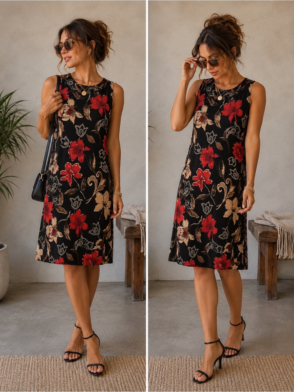 Chico's Travelers Black Red Floral Slinky Sleeveless Midi Travel Stretch Dress